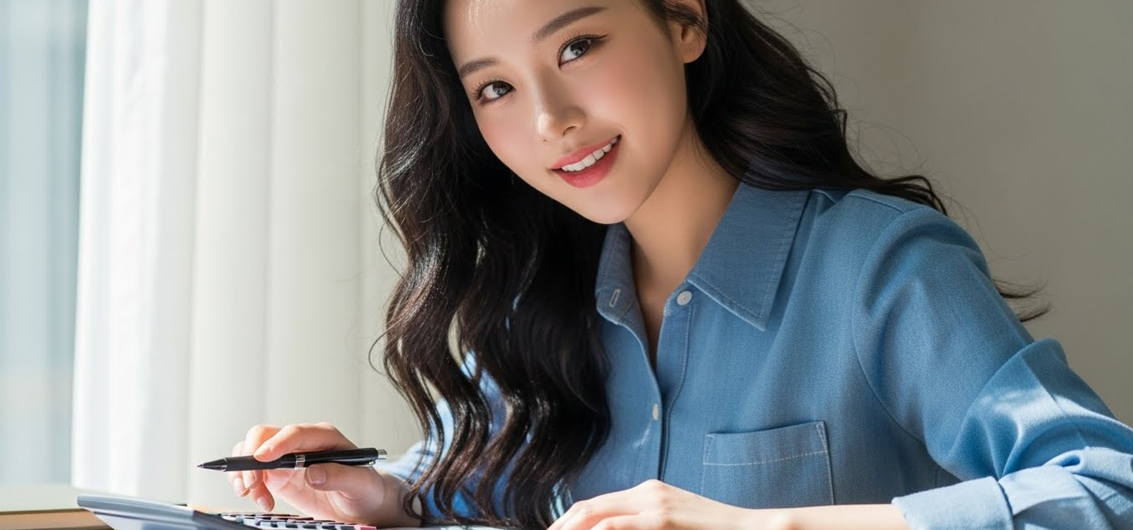 계산기를 두드리며 미소 짓고 있는 여자