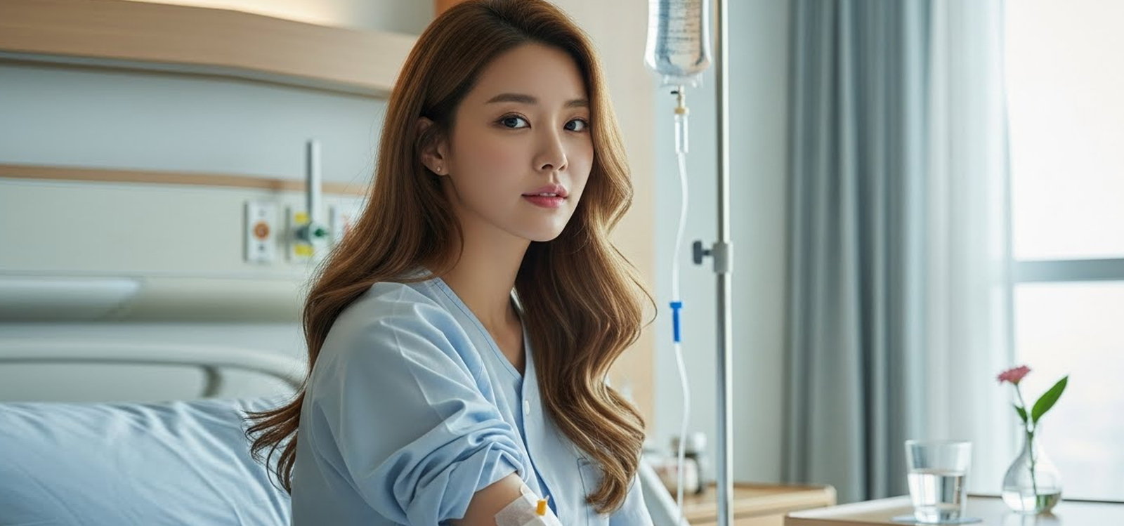 병원 침대에 앉아 링거 맞는 장면