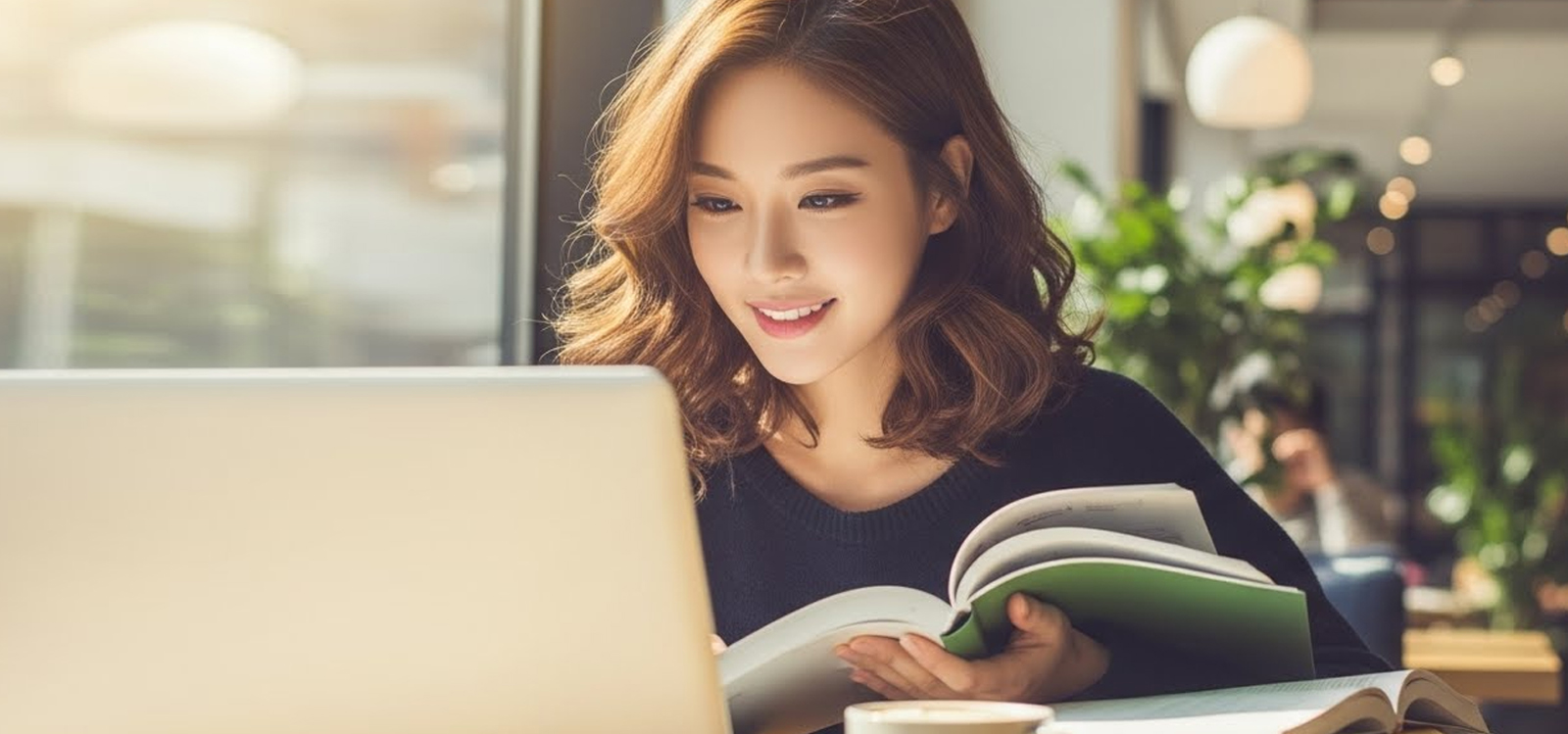 햇살 드는 카페에서 노트북으로 공부하는 장면