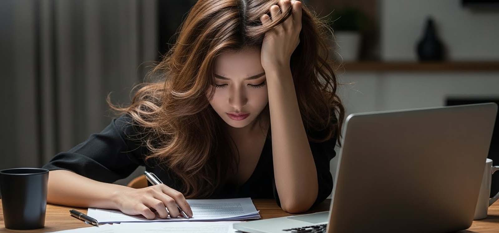 밤 책상 앞에서 머리를 손으로 부여잡고 좌절감에 빠진 모습