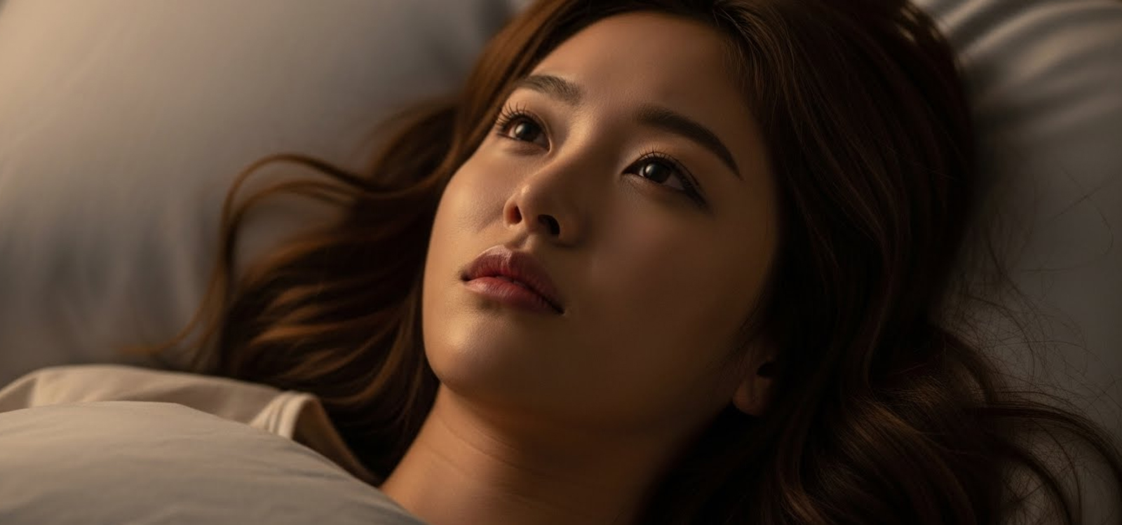 이불을 덮고 누웠지만 잠들지 못하는 여자
