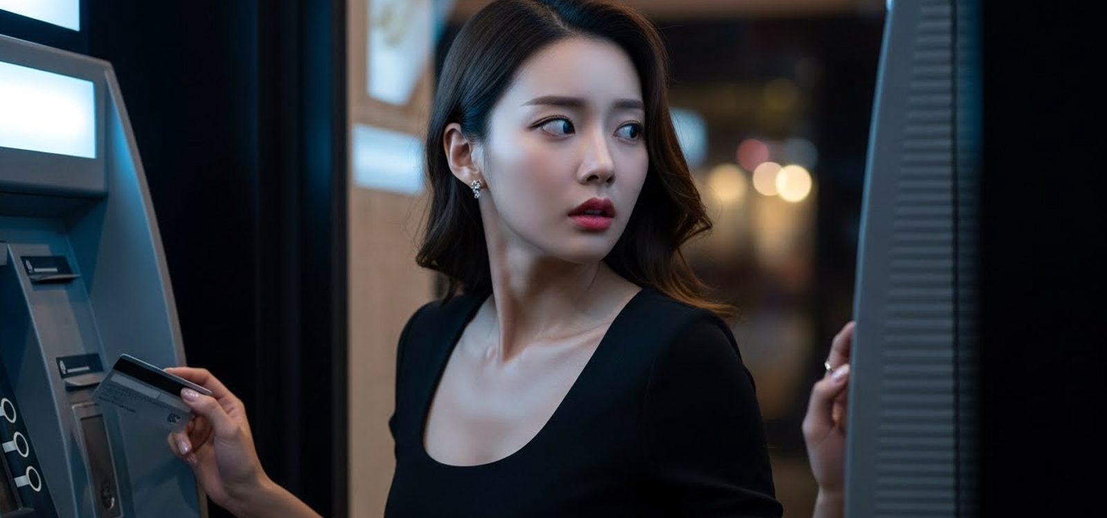 ATM에서 누군가의 카드를 몰래 사용하려는 듯한 모습