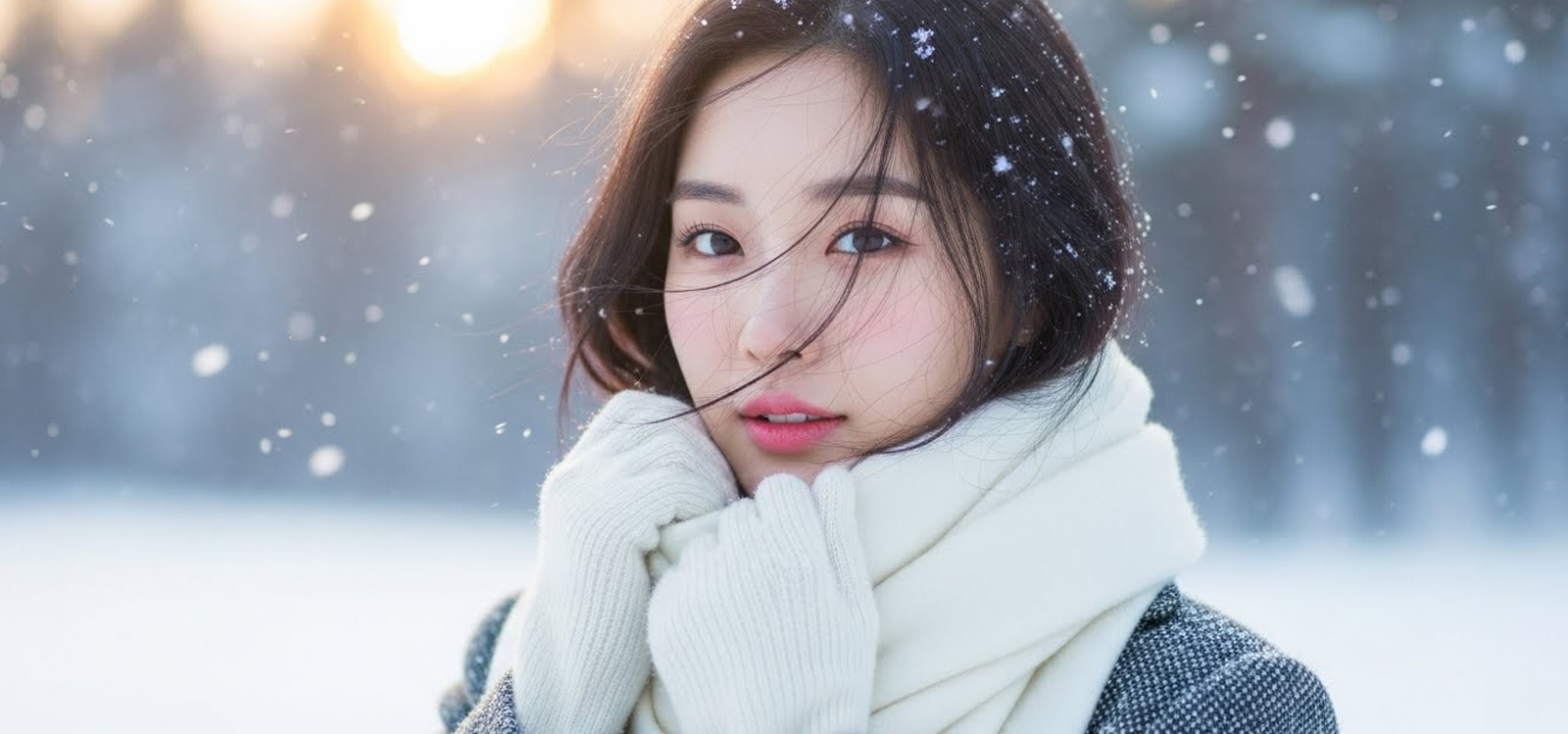겨울 산책 중 목도리 끝을 잡고 살짝 미소 지으며 걸음을 멈춘 모습