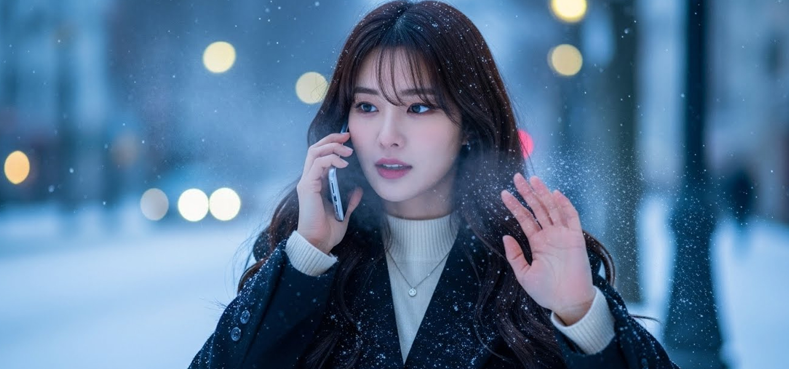 입김이 나는 겨울날씨, 길거리에서 전화하는 여자