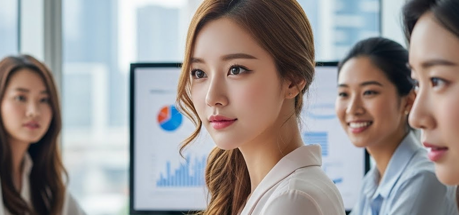 해외 스타트업 사무실에서 동료들과 협업하는 여성