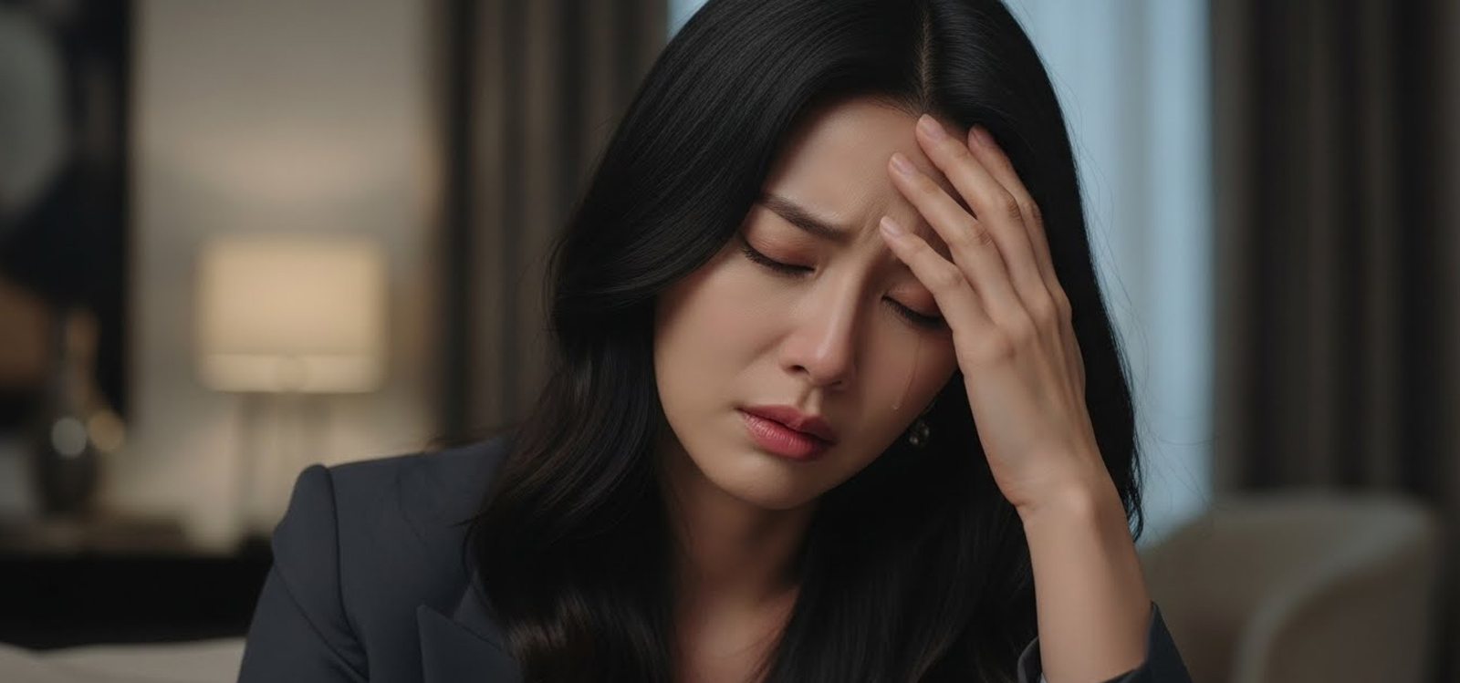 의자에 앉아 머리를 짚으며 후회하는 듯한 표정의 여성