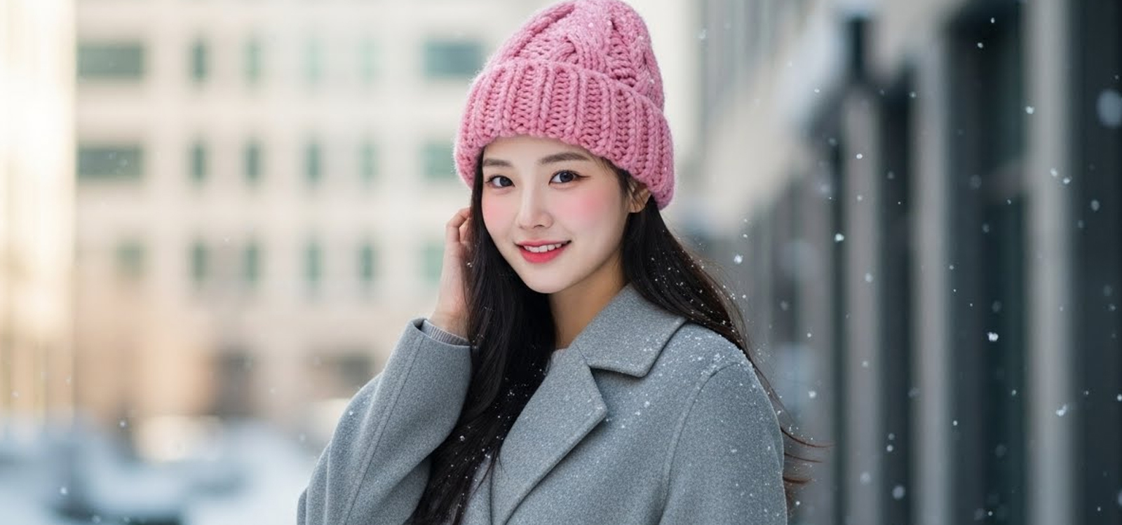 겨울 눈내리는 거리에 서있는 여자