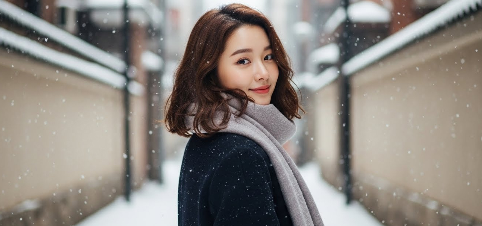 눈 내리는 골목길에서 뒤돌아보며 미소 짓는 모습