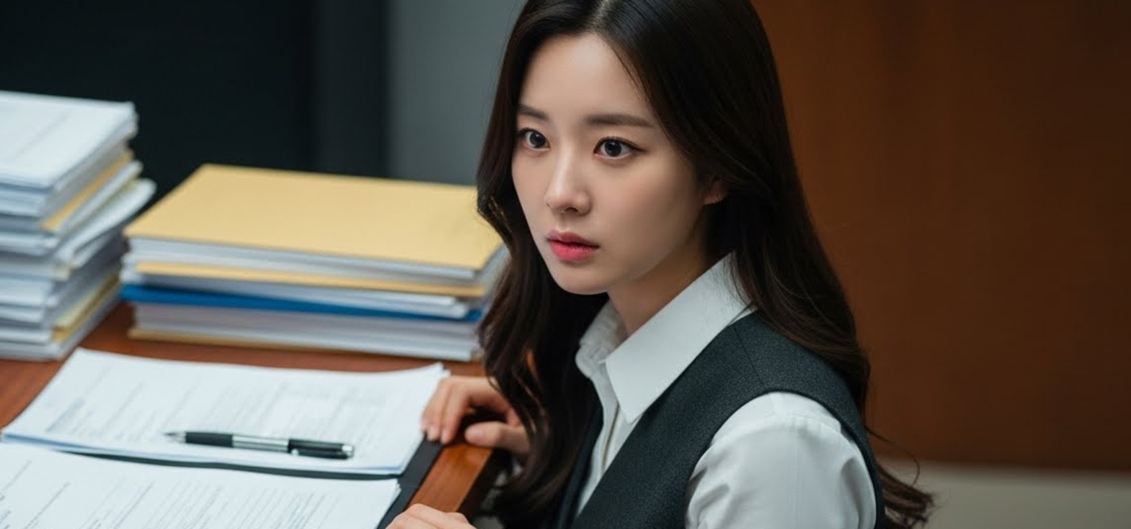 책상에 손 올리고 멍하니 서 있는 장면