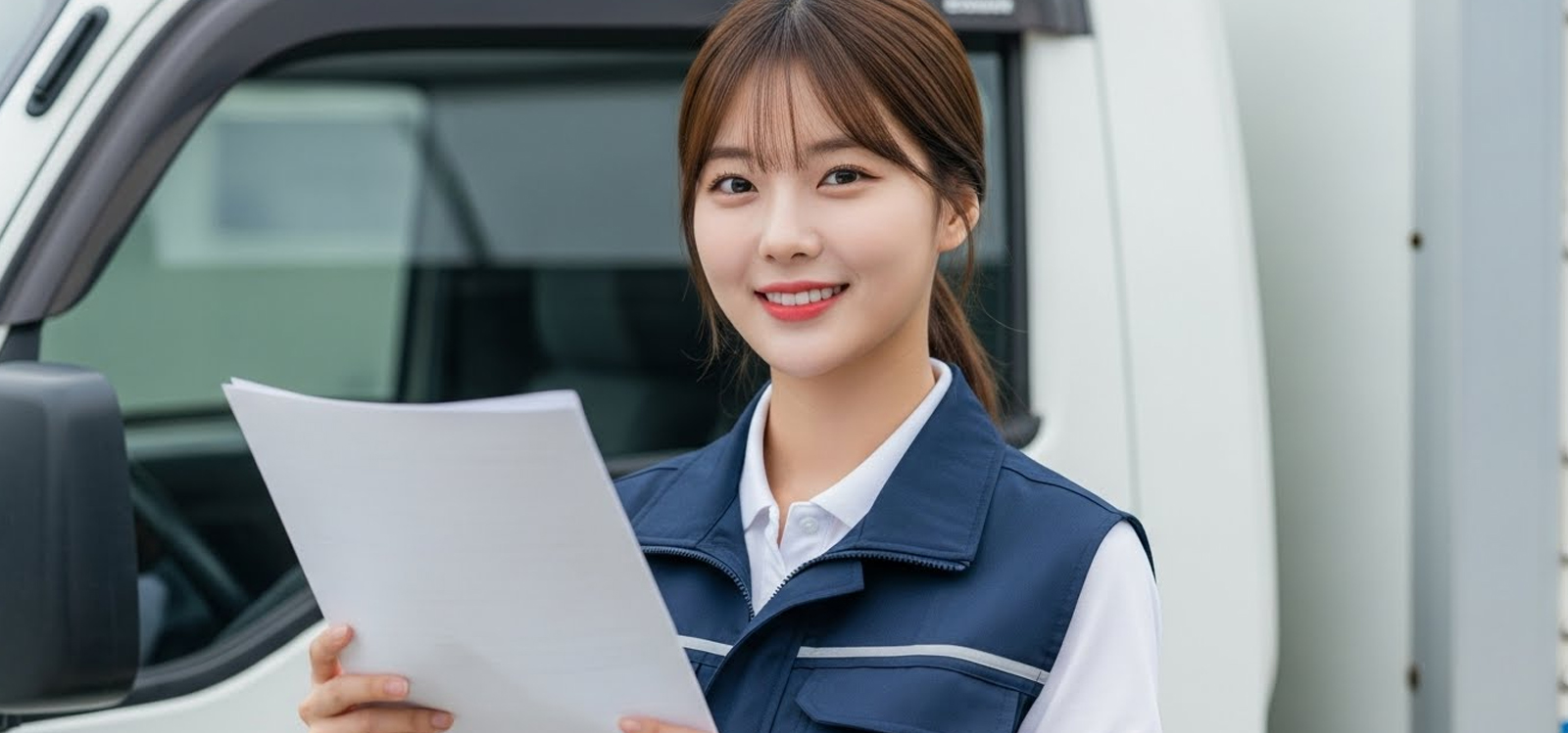 탑차 옆에서 서류를 들고 미소짓는 장면
