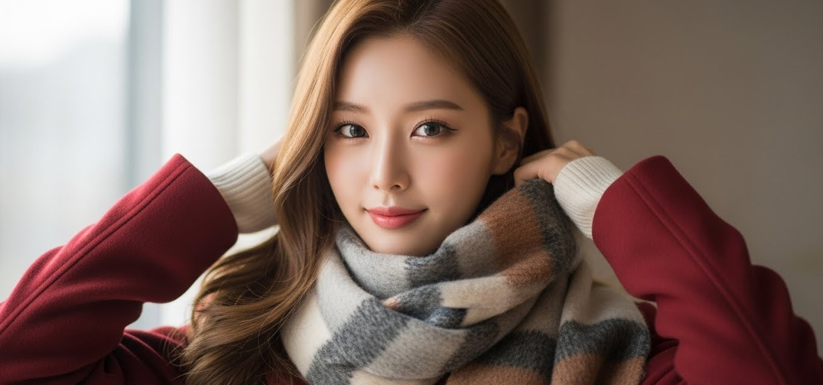 머플러를 정리하며 외출 준비를 하는 모습