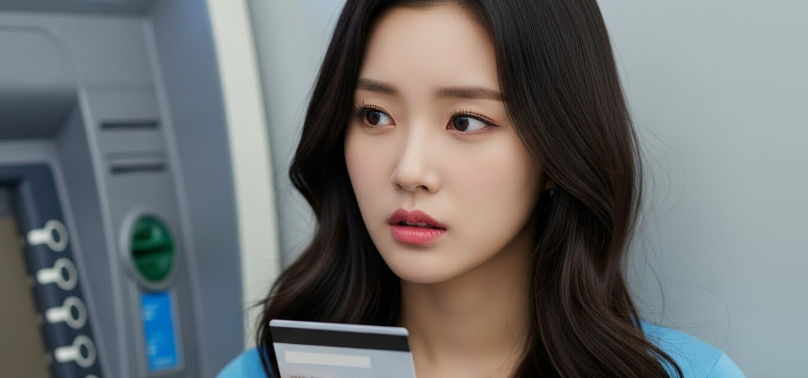 현금 인출을 고민하며 ATM 옆에서 망설이는 모습