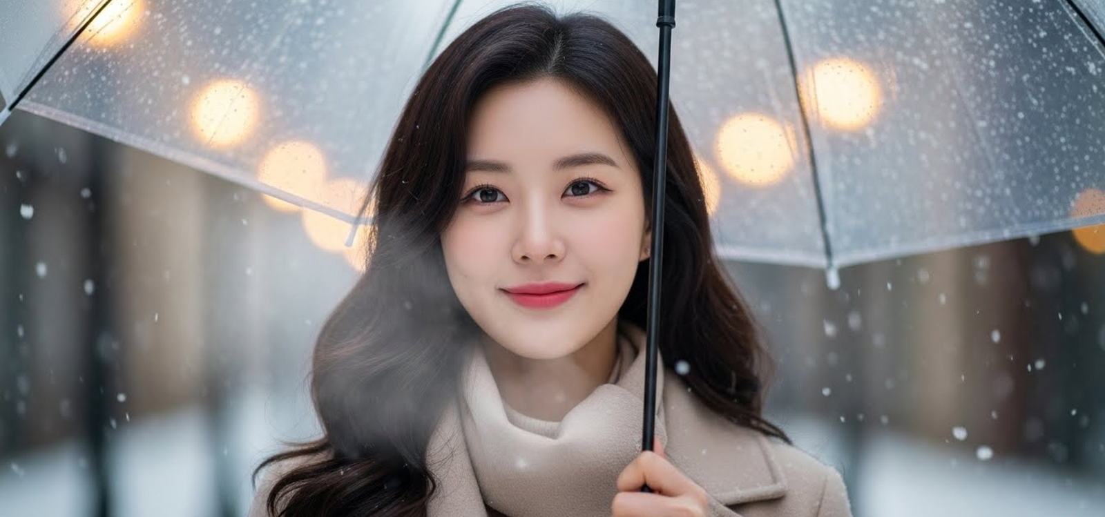 따뜻한 코트를 입고 눈 내리는 거리에서 우산을 들고 걷는 모습