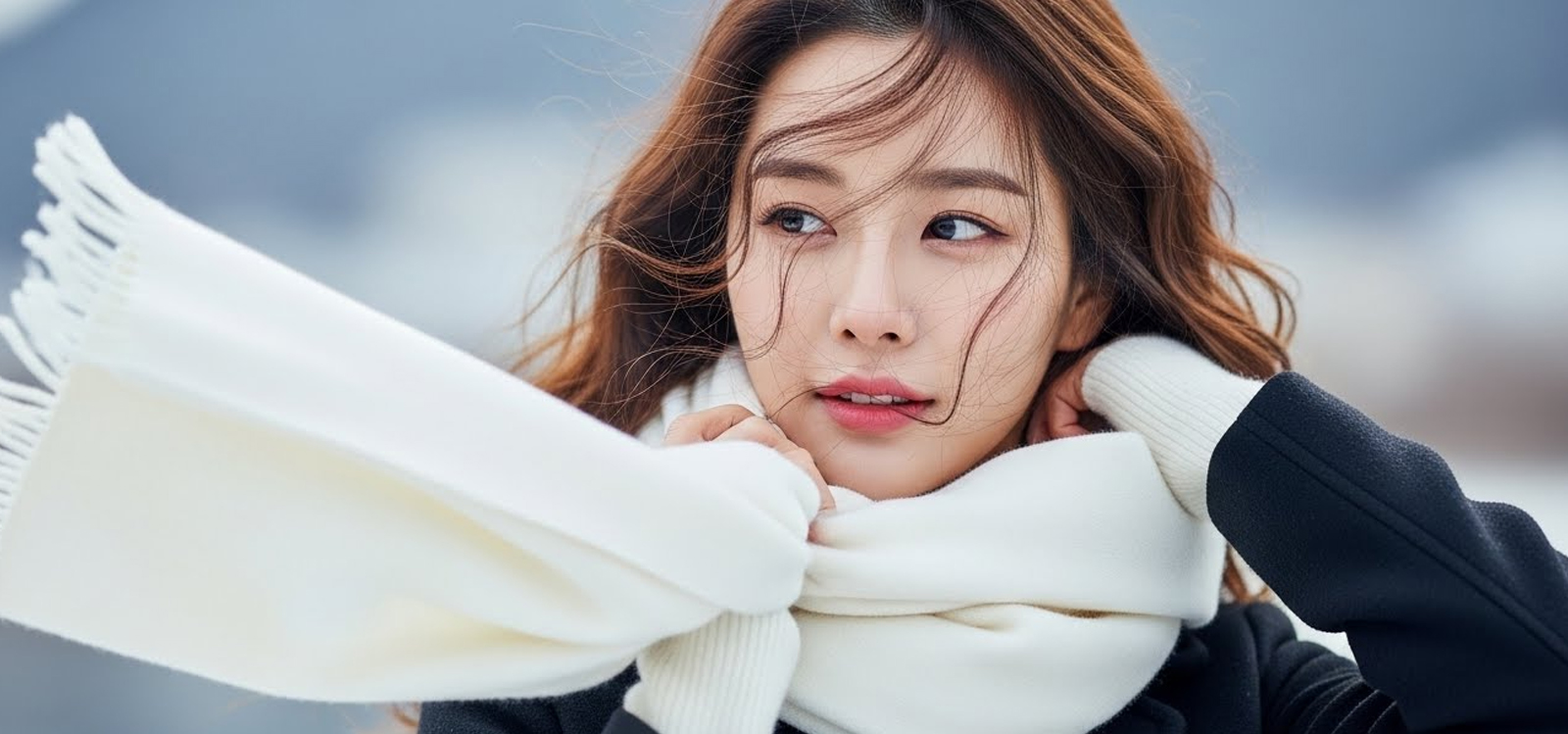 하얀 머플러를 목에 감는 순간