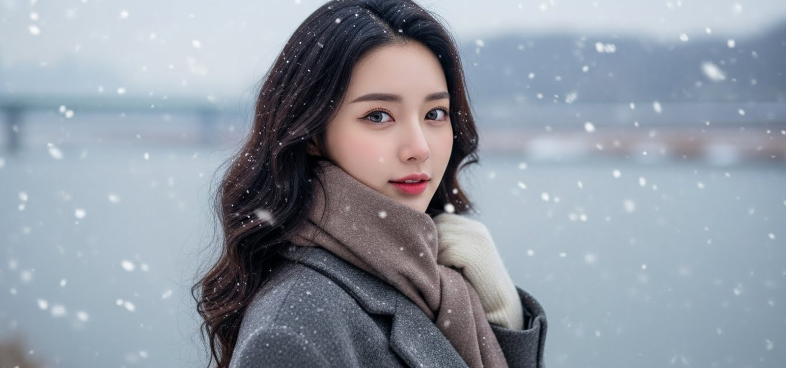 눈오는 거리 머플러를 만지고 있는 여자