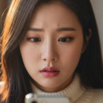 걱정스러운 표정으로 핸드폰을 보는 여자