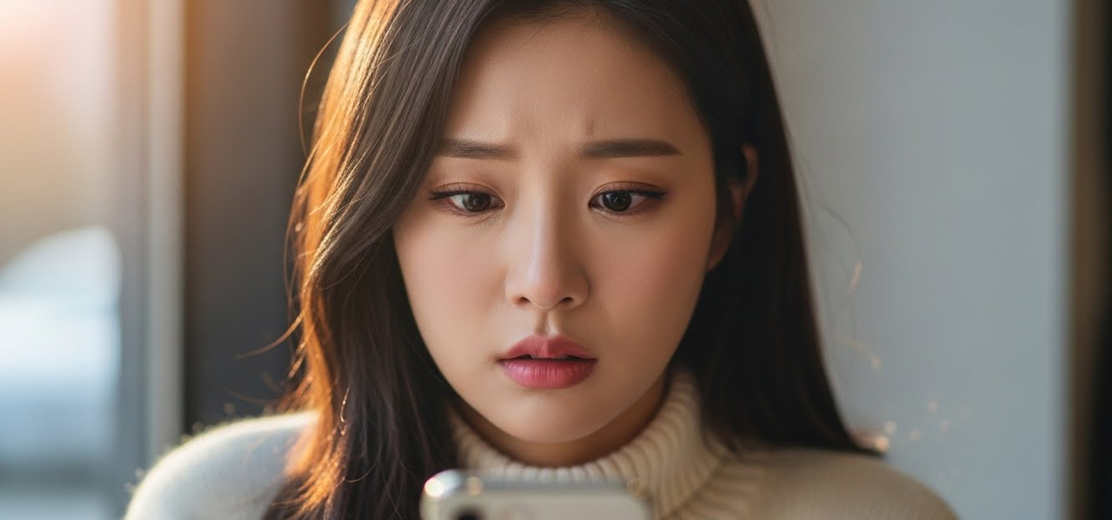 걱정스러운 표정으로 핸드폰을 보는 여자