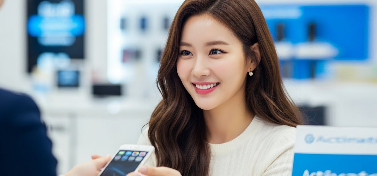 직원이 개통 완료된 스마트폰을 건네는 순간 환하게 미소 짓는 장면