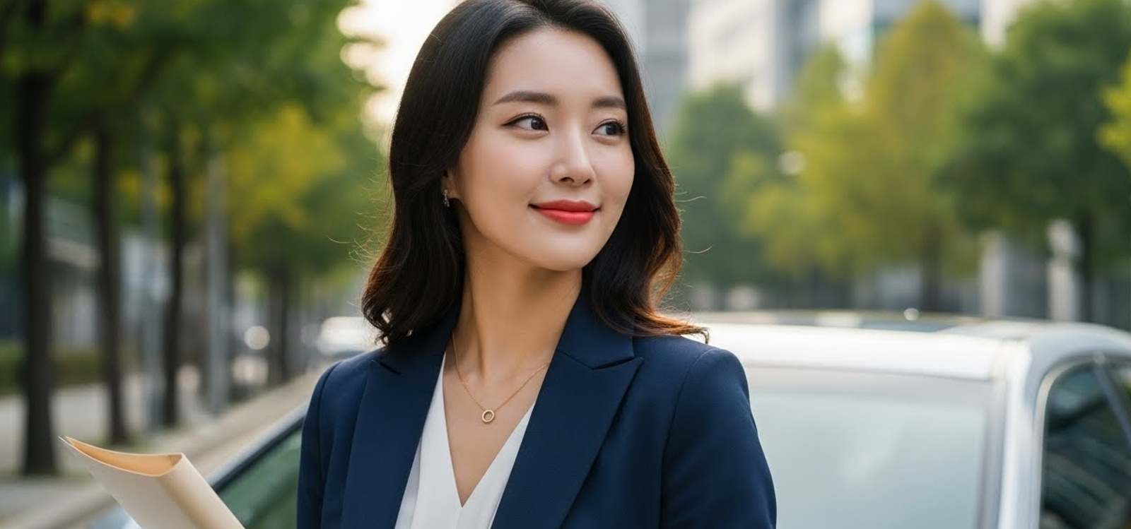자동차 옆에서 계약서 파일을 들고 있는 장면