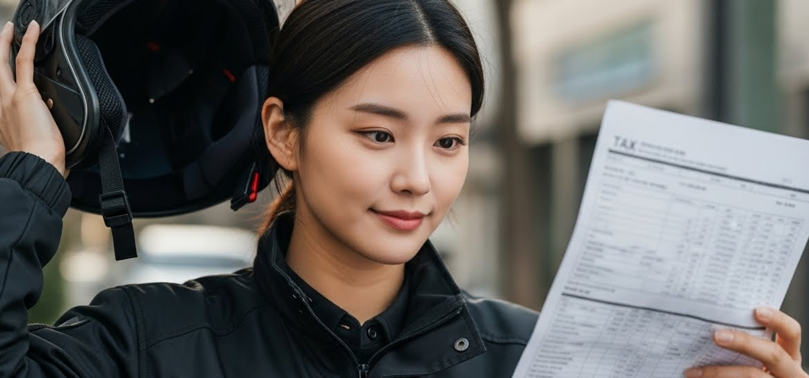 헬멧을 들고 서류 보는 여자