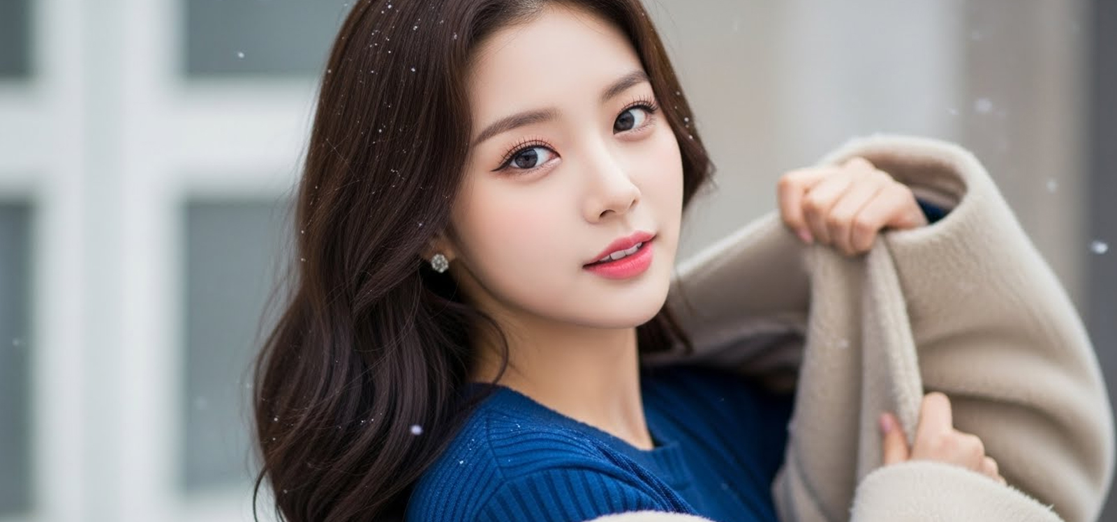 눈 오는 날 외투 벗으며 실내로 들어오는 모습