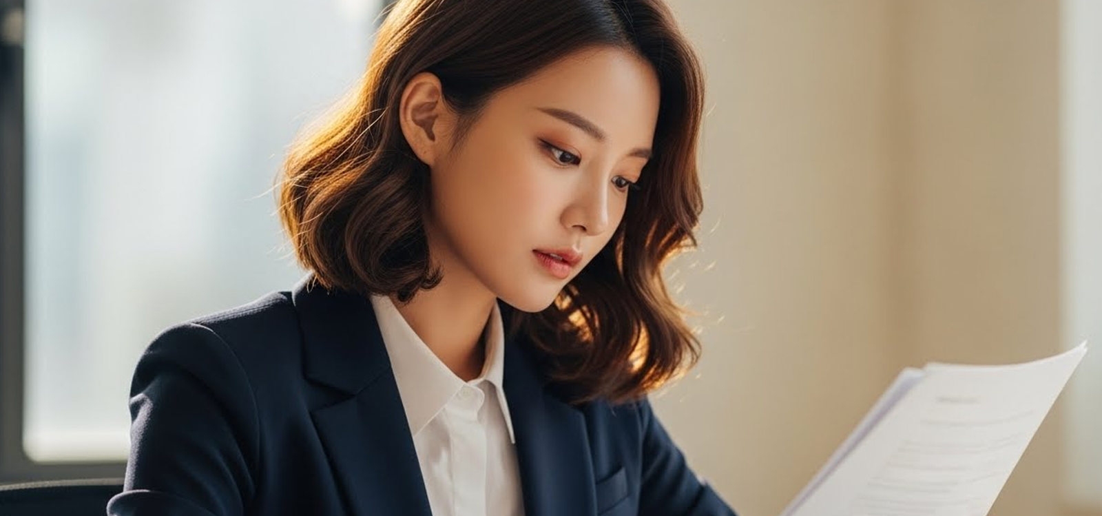 사무실에서 서류를 검토하는 장면