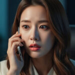 대출 독촉 전화를 받고 놀라며 얼굴이 굳은 모습