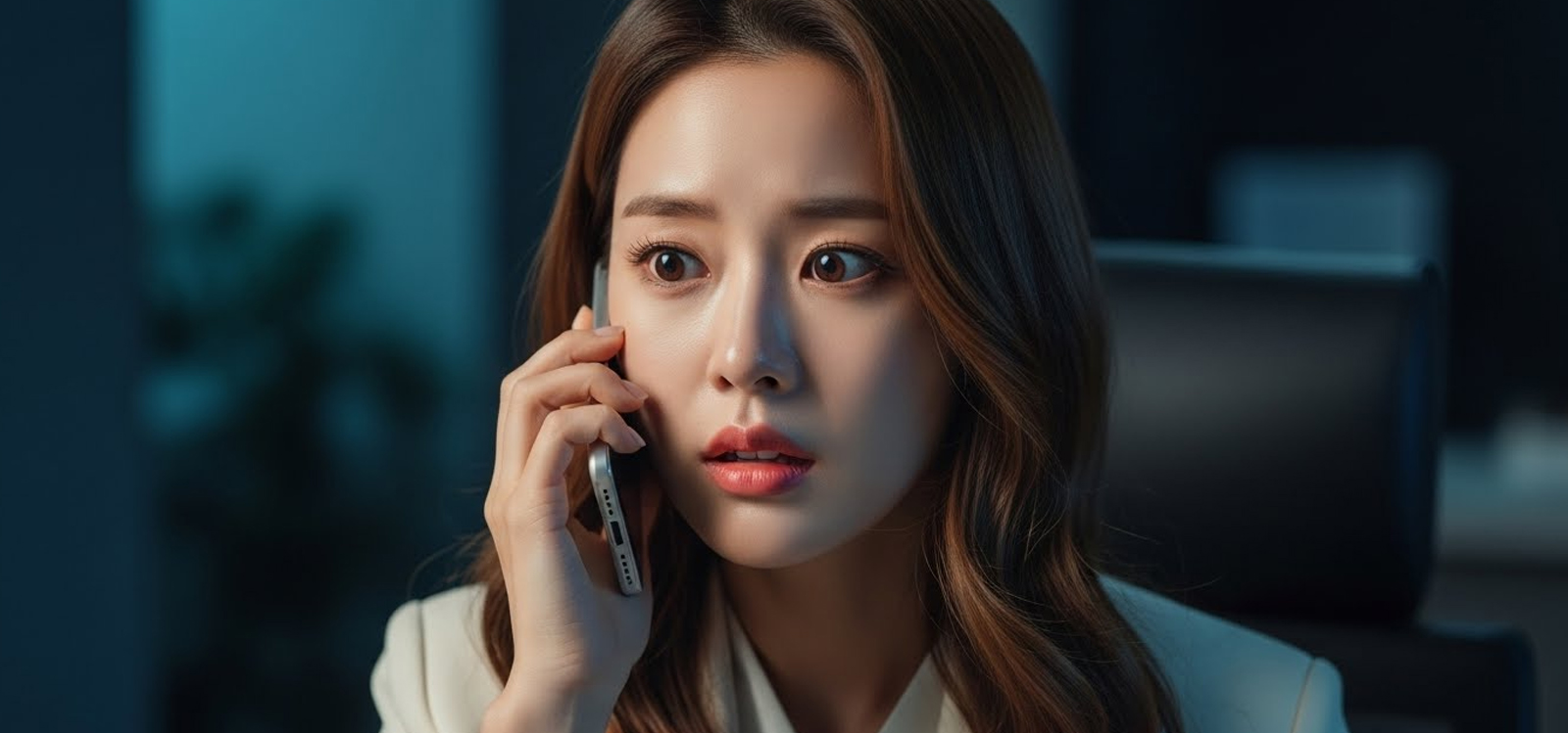 대출 독촉 전화를 받고 놀라며 얼굴이 굳은 모습