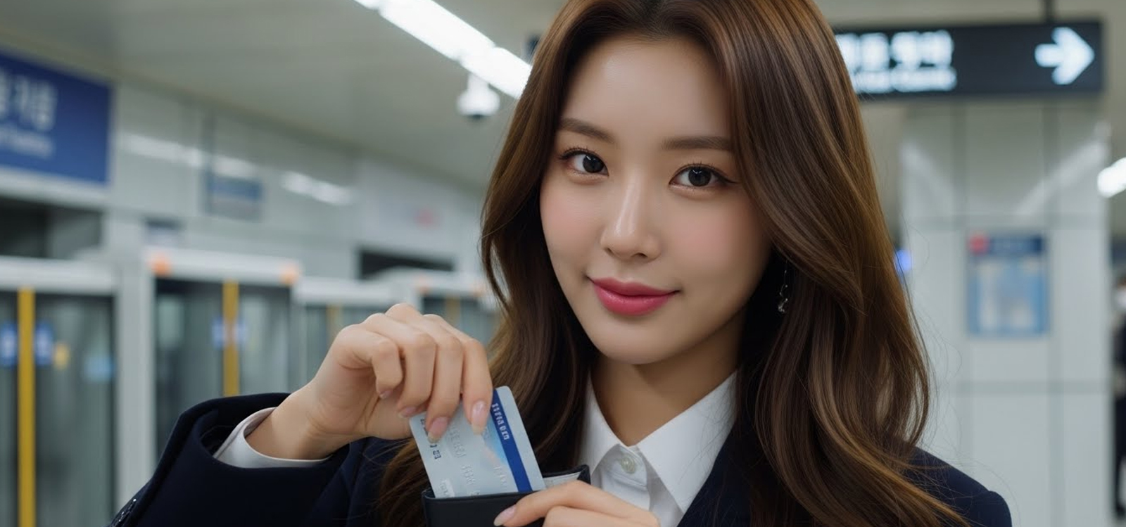 교통카드를 카드지갑에서 꺼내는 장면