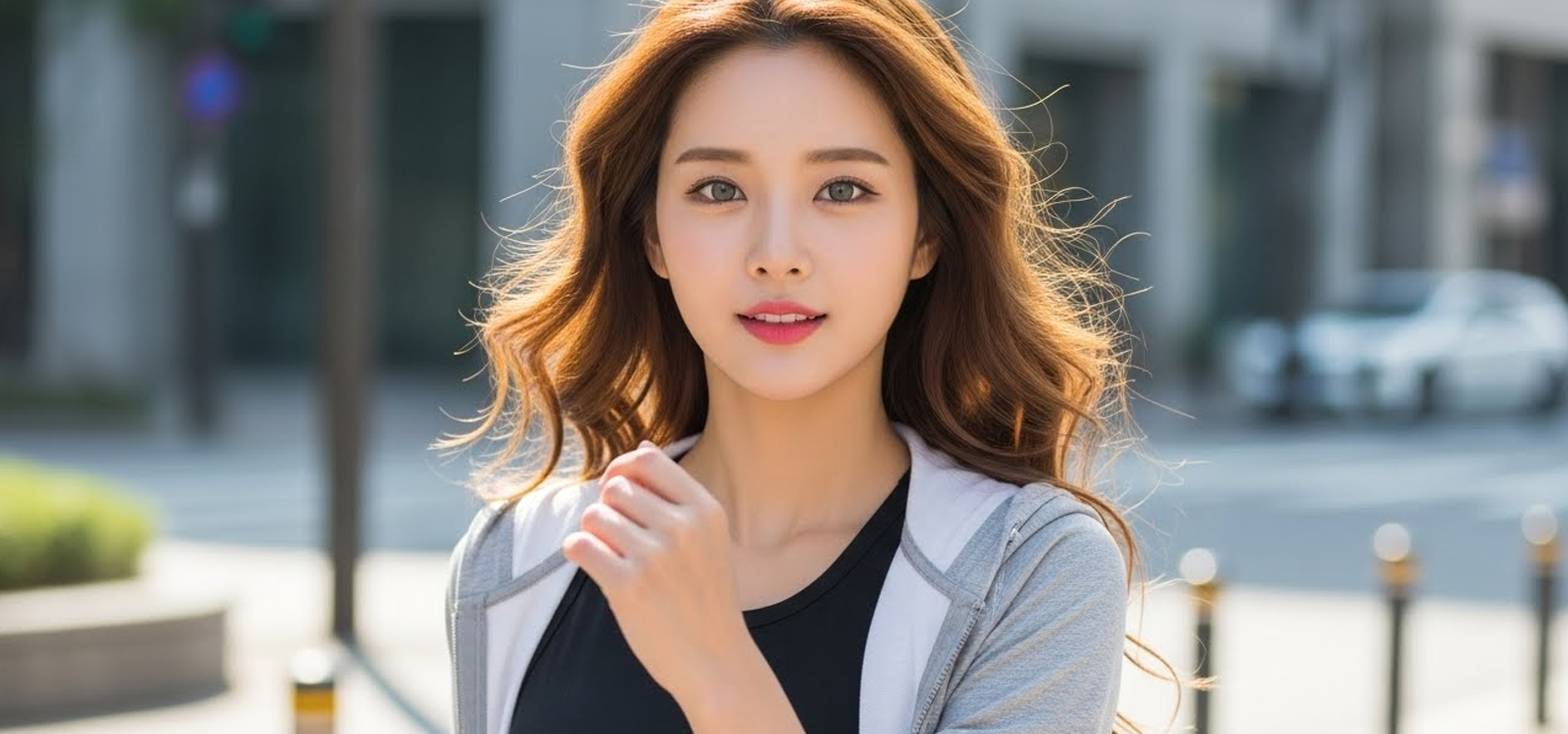도심 거리에서 운동화 신고 활기차게 걷는 장면