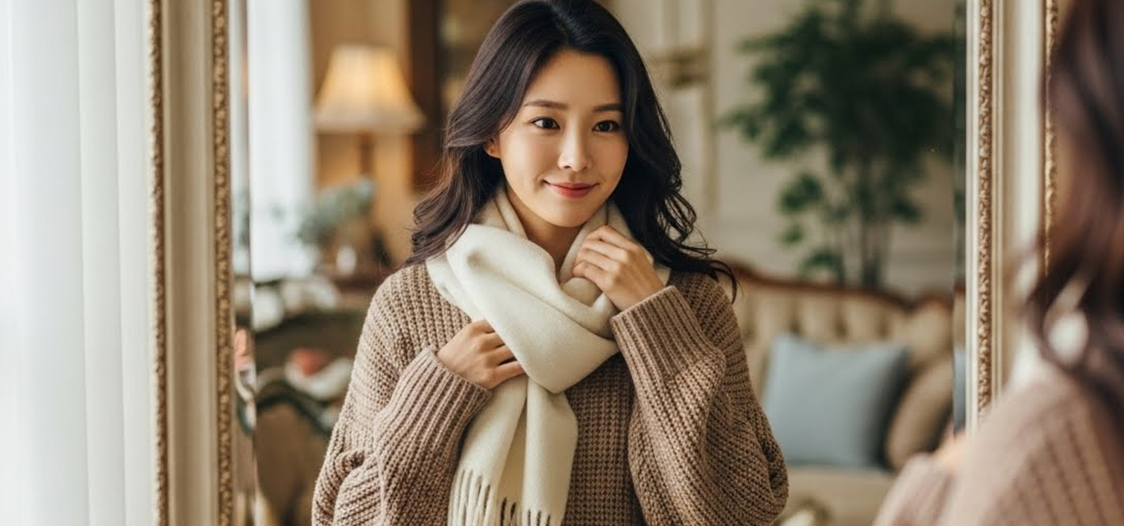 목도리를 고쳐 매며 미소 짓는 장면