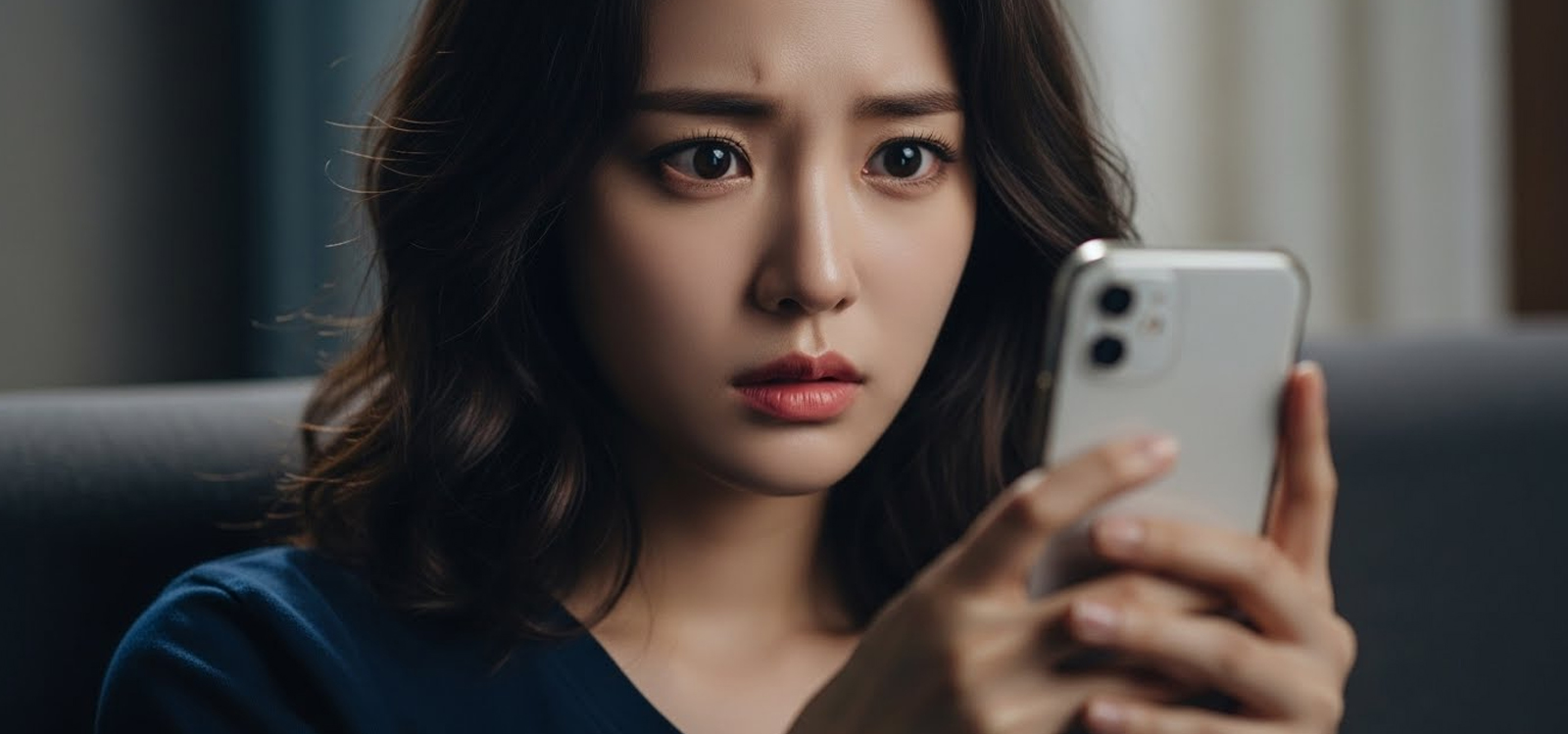 대출 연체 문자에 놀라 눈을 크게 뜬 모습