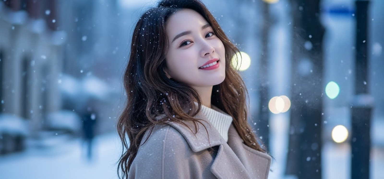따뜻한 코트를 입고 눈 내리는 거리에서 미소 짓는 모습