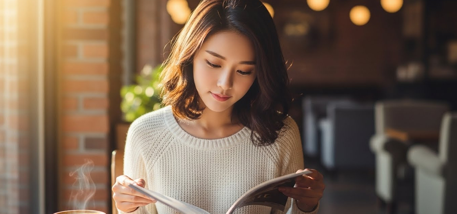 카페에서 잡지를 넘기며 여유를 즐기는 모습