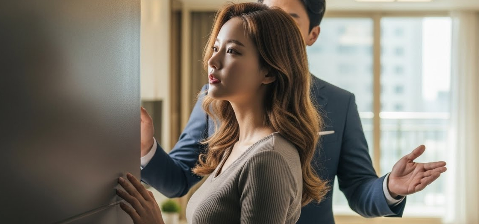 부동산 직원과 함께 현관문 앞에서 실내를 둘러보는 장면