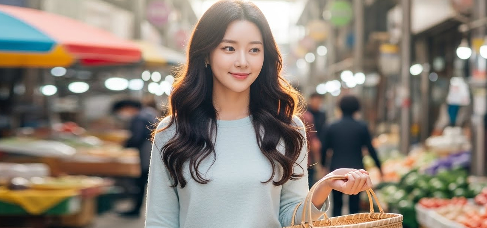 전통시장 입구에서 장바구니를 들고 들어가는 모습