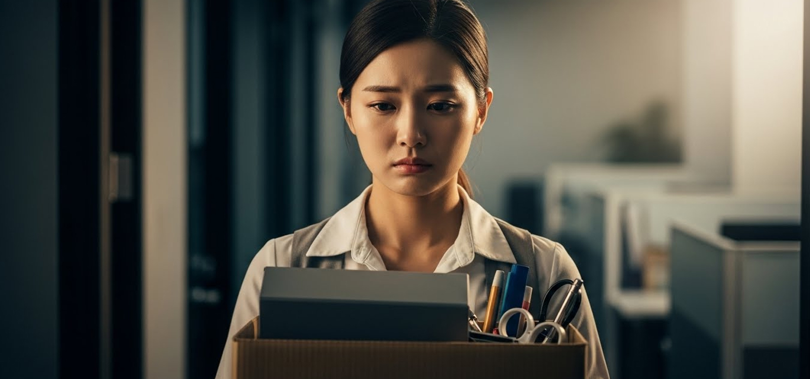 사무실을 나서며 퇴사 박스를 들고 있는 모습