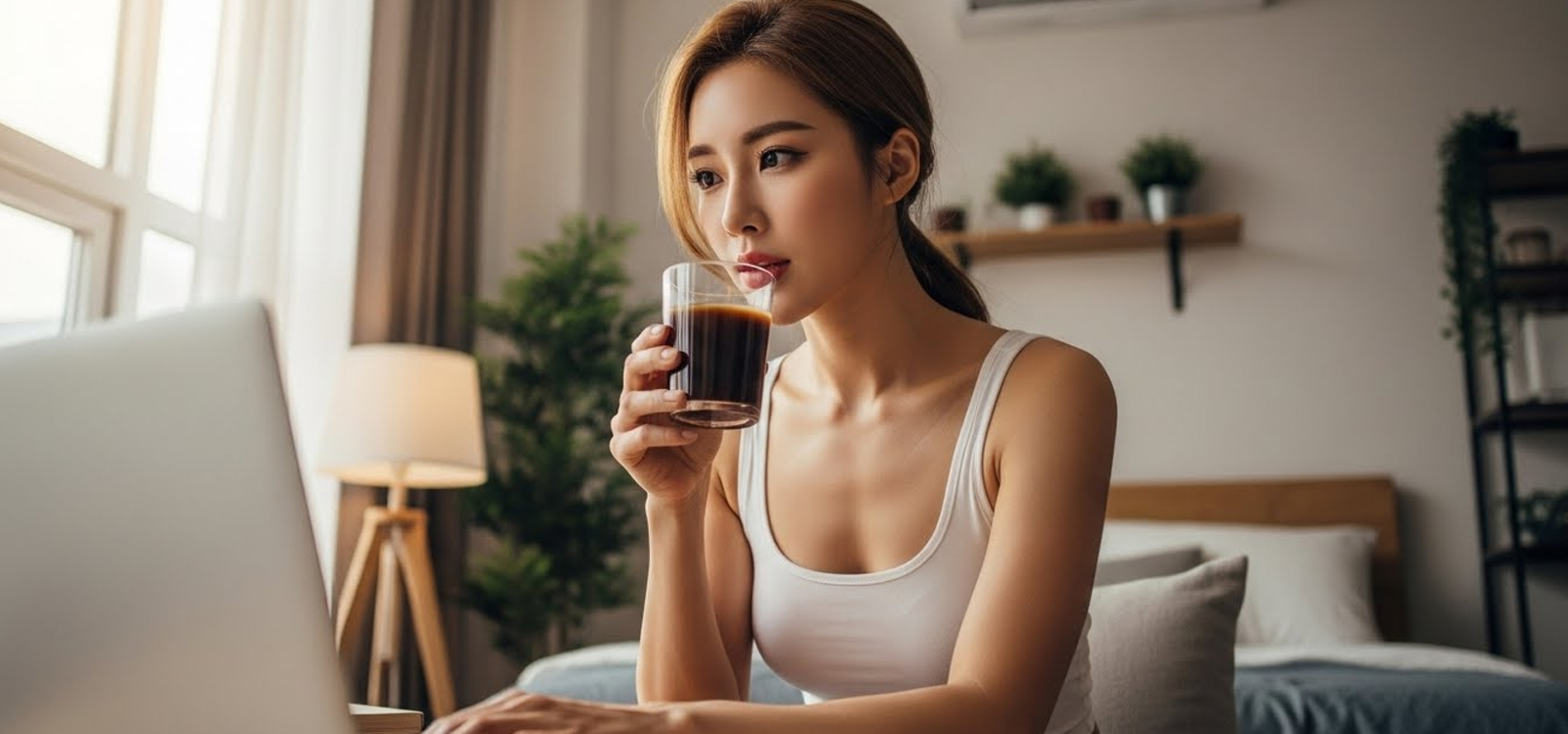 아늑한 원룸에서 커피 마시며 노트북으로 재택근무하는 20대 초반 한국 여성