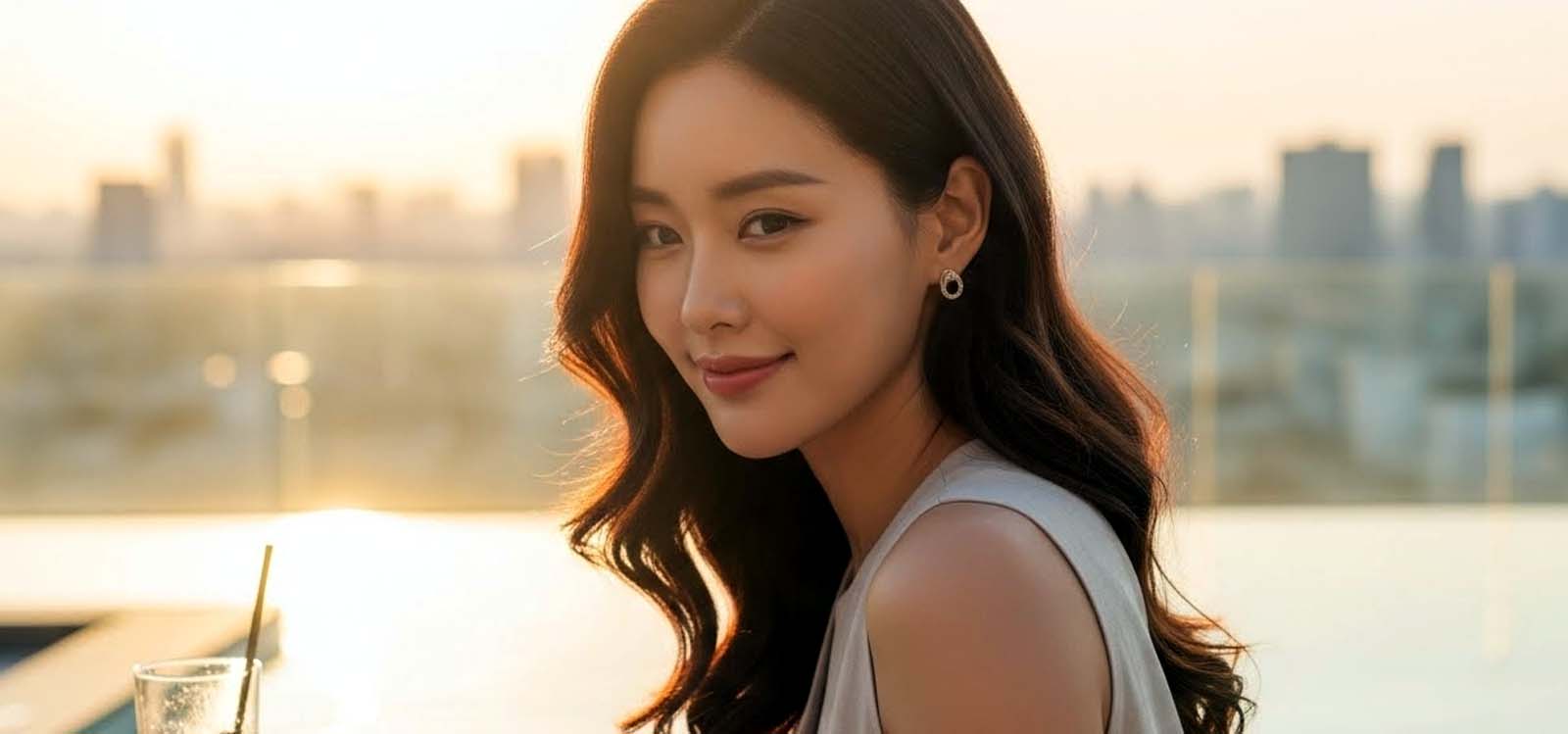 루프탑 수영장 옆에서 노트북으로 일하는 모습