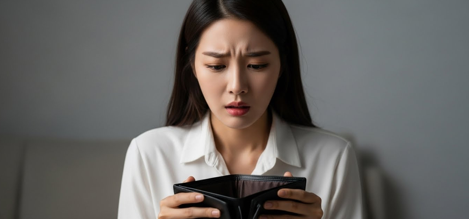빈 지갑을 들여다보며 한숨 쉬는 장면