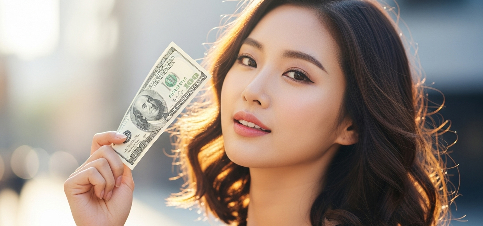 달러 지폐를 손에 들고 미소짓는 장면