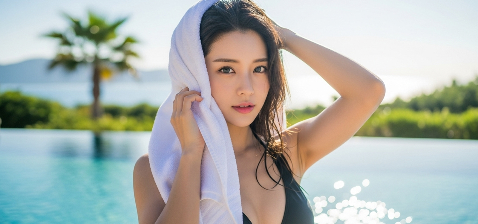 풀장 옆에서 수건을 들고 머리를 말리는 장면