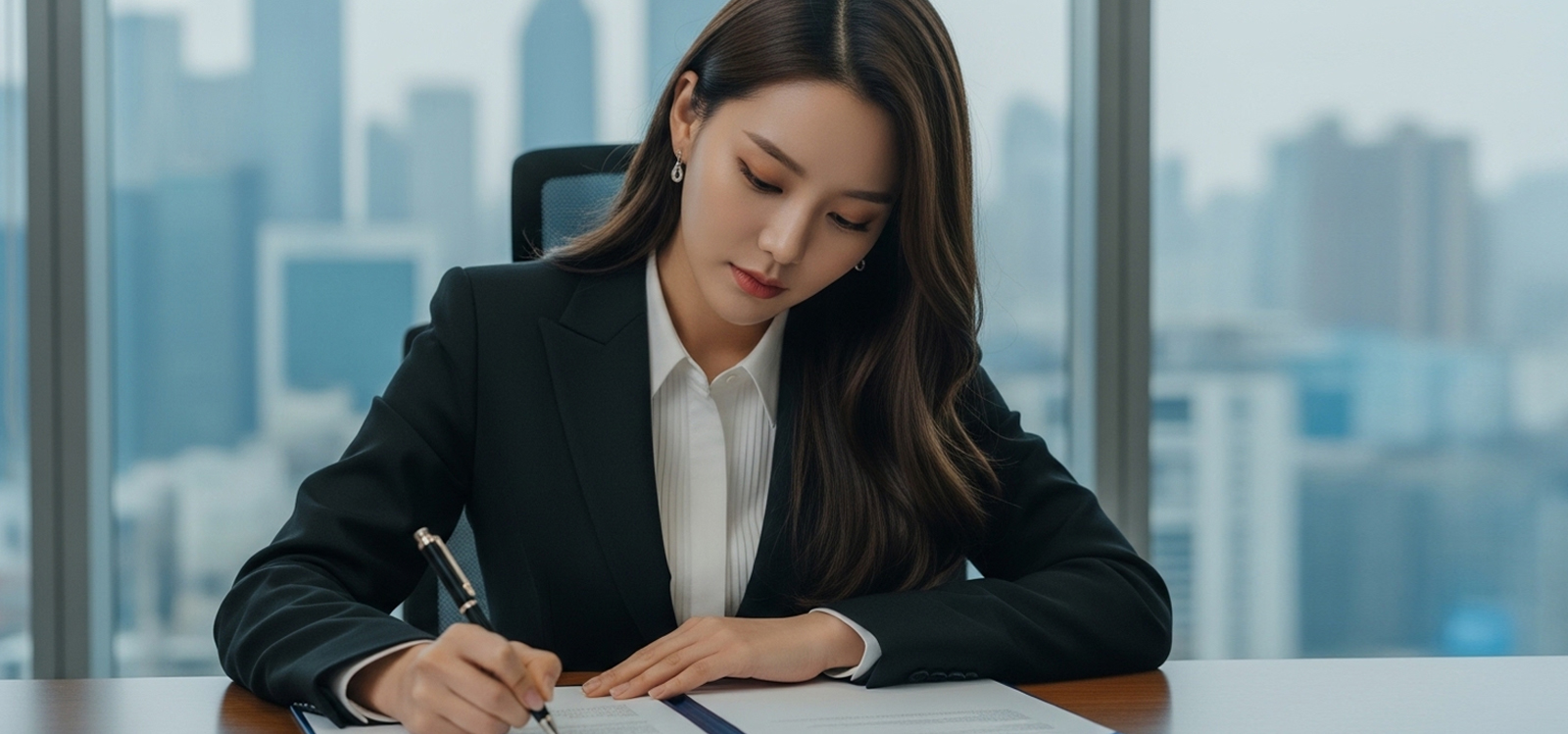 대기업 CEO가 본사 집무실에서 대형 창가를 배경으로 서류에 서명하는 모습