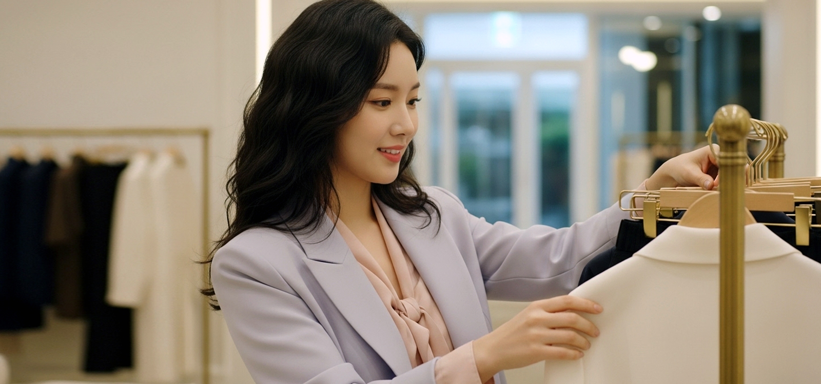 의류 부티크에서 옷을 정리하는 모습