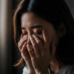 조명이 어두운 방 안에서 손으로 얼굴을 감싸며 좌절하는 장면