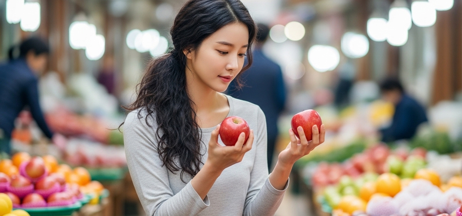 과일 상점에서 사과 품질을 살펴보는 모습