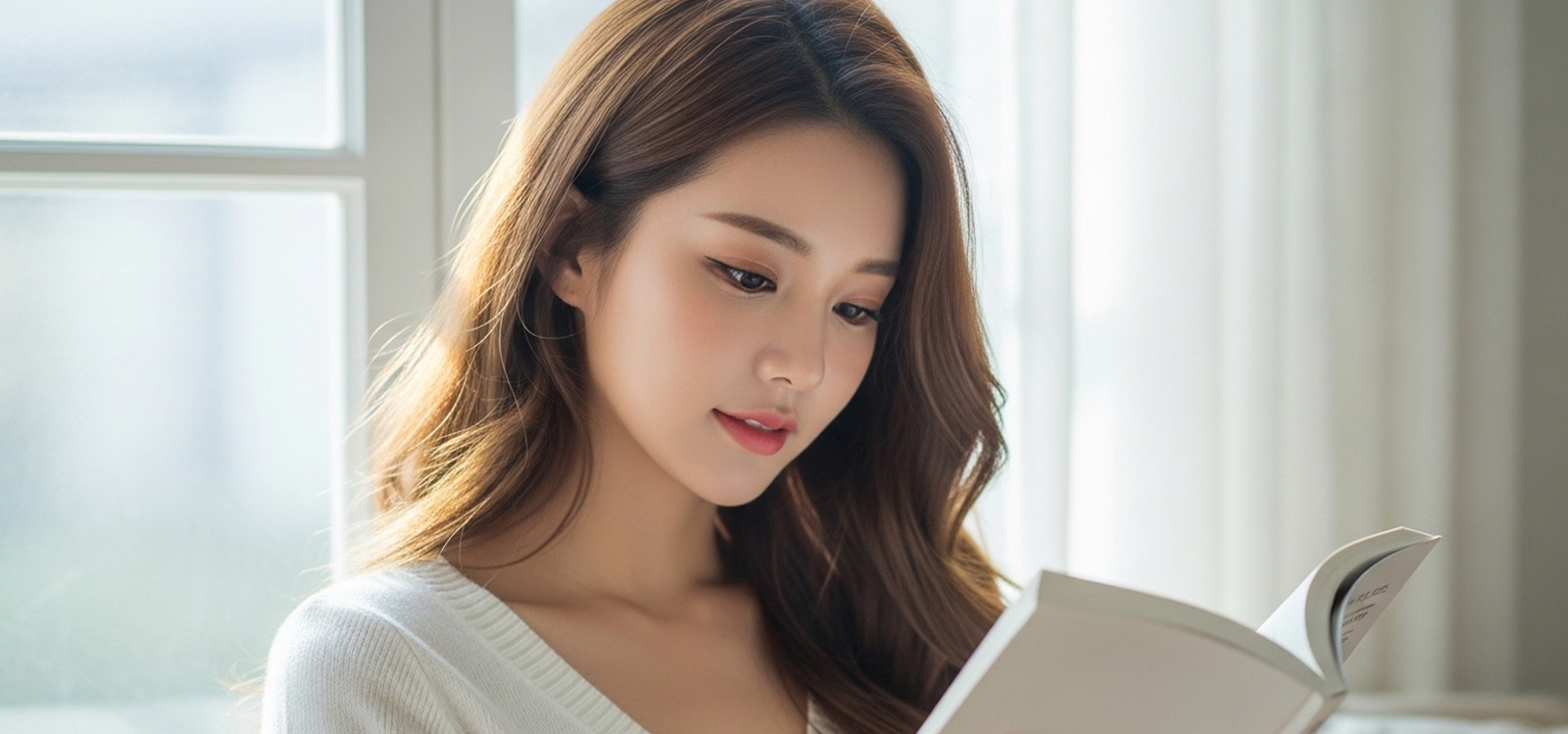 거실 창가에서 햇살 받으며 독서하는 모습
