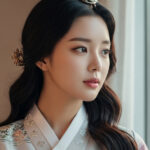 한복을 입고 창가에 서서 조용히 밖을 바라보는 모습