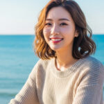 바다에서 미소 짓고 있는 여자