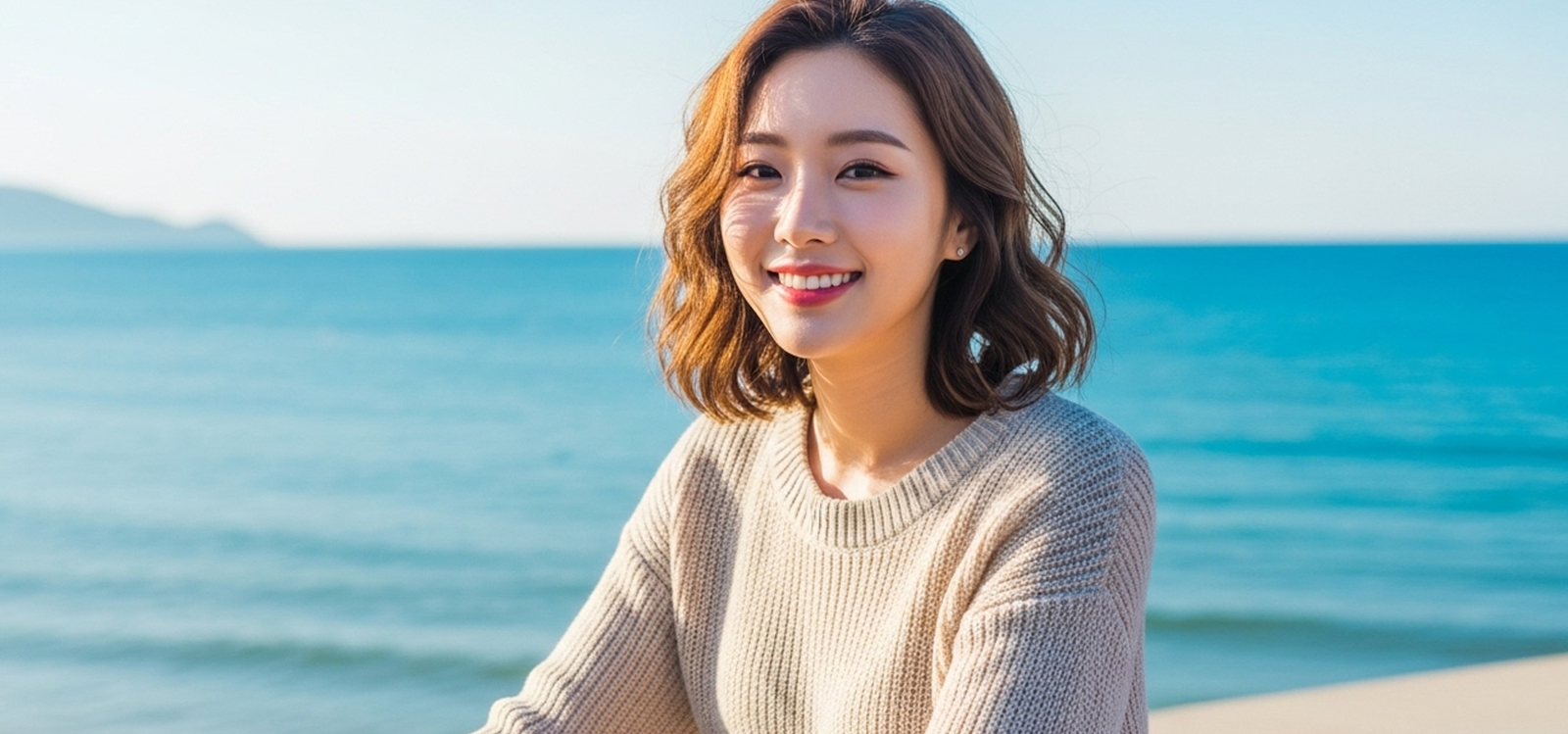 바다에서 미소 짓고 있는 여자